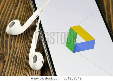 Helsinki, Finland, May 4, 2019: Google Drive Application Icon On Apple Iphone X Screen Close-up. Goo