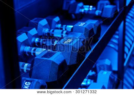 Racks For Dumbbells Of Different Sizes And Weights. Horizontal Frame