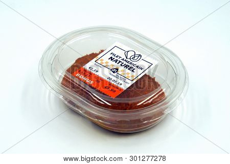 Amsterdam, The Netherlands - May 15, 2019: Package Of Filet Americain Naturel Against A White Backgr