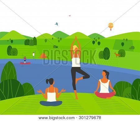 Girls Traning Yoga On Lake Bank Vector Color Concept. Summer Landscape Background. Woman Relax Toget