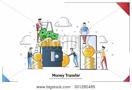 Transfering Money, Sending Money From Wallet To Smartphone. Small People Characters Doing Various Ta