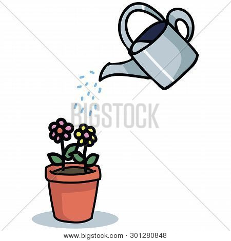 Cute Watering Can With Flowers Cartoon Vector Illustration Motif Set. Hand Drawn For Natural Gardeni