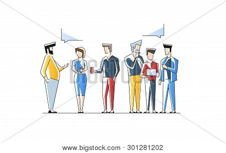 Men Take Part In Business Meeting, Formal Discussion, Conference. Male Characters Talk To Each Other