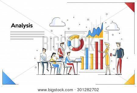 Data Analysis Design Concept. Analysis Working. Small People With Data Analysis Graphs Ansd Charts. 