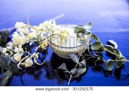 Ayurvedic Herb Drumstick Flowers Along With Some Leaves On Wooden Surface Along With Its Paste In A