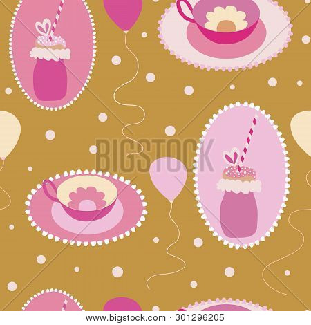 Cute Freakyshakes, Teacups, And Ballons Seamless Pattern.