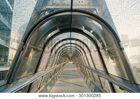 Skybridge Made Of Glass And Steel. Modern Structure And Architecture. Skywalk. Style And Design. Wan
