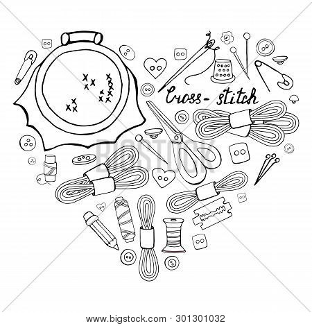 Set Of Hand Drawn Black And White Elements For Cross-stich In Heart Shape On White Background