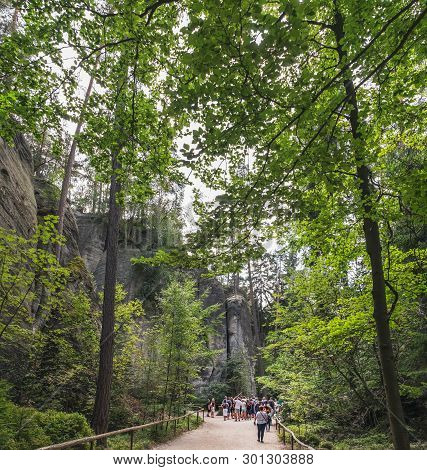 Adrspach, Czech Republic - August 16, 2018: Tourists Visit And Enjoy Views Of Famous Sandstone Rock 