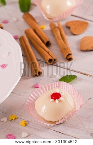 Sicilian Ricotta Cake (cassata) On White Dish.