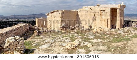Athens, Greece - October 20, 2016: Ancient Gateway Propylaea In Acropolis Fortress In Athens, Greece