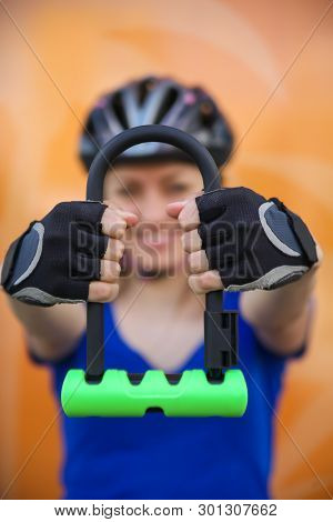 Girl With Bicycle  Lock. Bicycle U- Lock