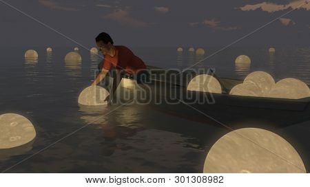 Moon catcher. Man in a boat. 3D rendering