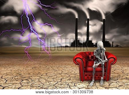 Factory and mourning skeletal figure. 3D rendering