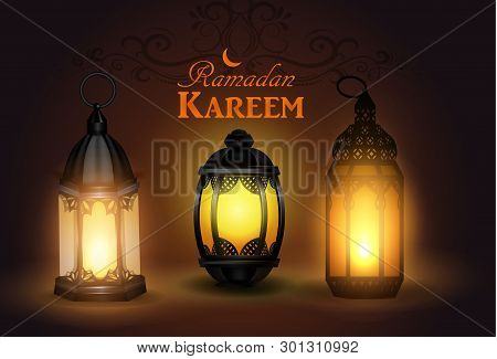 Mosque Silhouette Background In Sunset Sky Lantern And Golden Moon And Stars For Ramadan Of Islam Ve