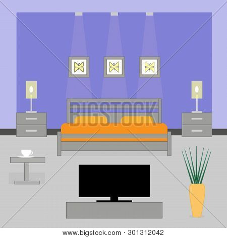 Interior Of A Bedroom With Tv. Flat Style. Vector Illustration