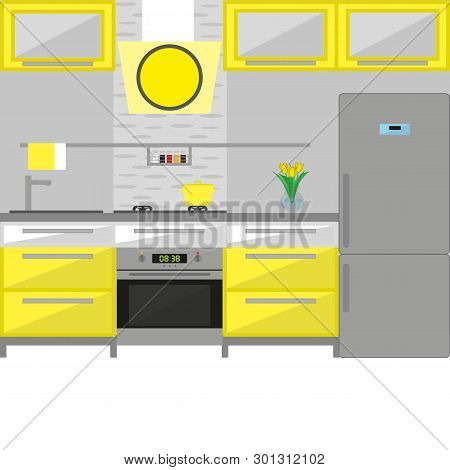 Kitchen Interior With Furniture. Including Stove, Oven, Pot, Vase With Flower, Little Carpets. Flat