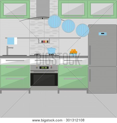 Kitchen Interior With Furniture. Including Stove, Fridge, Cooker Hood, Oven, Pot, Fruits. Flat Style