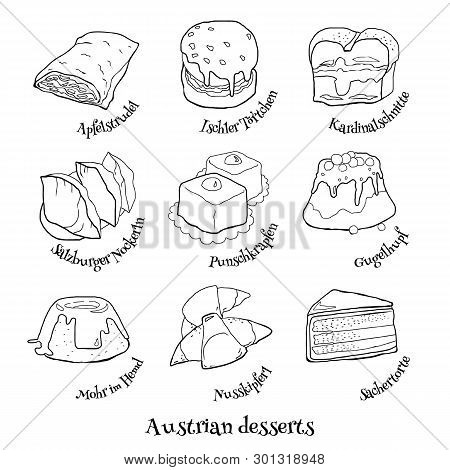Doodle Set Of Austrian Sweets. Hand Drawn Sketch Of Traditional Desserts. Vector Illustration On Whi