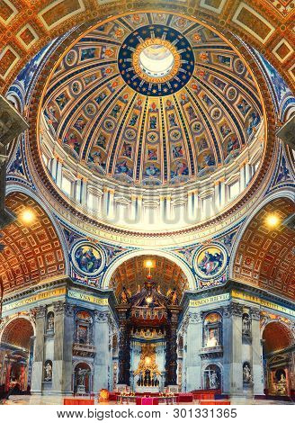 Rome, Italy - Sempetmber 23, 2017: Interior Of St. Peters Basilica In Rome, Italy, Panoraic Image