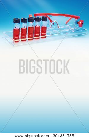 Vertical Scientific Background In Blue And Red, Space For Your Text. Biological Or Medical Samples A