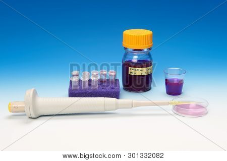 Patient Microscopic Samples And Staining Solutions On Blue Background. All Captions Were Generated F