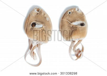 Shoes For Rhythmic Gymnastics Very Worn Active Use, A Lot Of Training Isolated On White Background