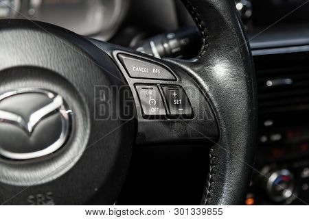 Novosibirsk, Russia - May 15, 2019:  Mazda Cx-5,close-up Of The Multiwheel With Setting Buttons. Pho