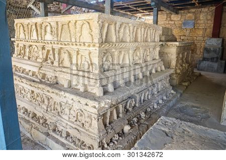 Ruins And Ancient Bas-relief On Stupa At Jaulian Monastery, Archaeological Site In Taxila. Punjab, P