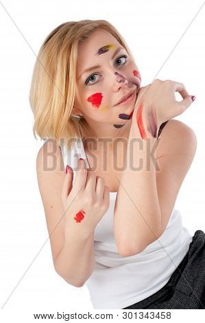 Young Attractive Woman Artist After Paintig. Isolated Over White Background