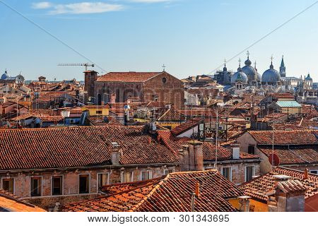 Top View Of Red Roofs From Terrace Of Fondaco Dei Tedeschi In Venice. Italy