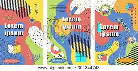 Covers Templates Set With Bauhaus, Memphis And Hipster Style Graphic Geometric Elements. Applicable 