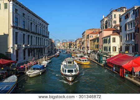 Venice, Italy - October 23, 2018: View Of Cannaregio Canal From Ponte Delle Guglie, Guglie Bridge