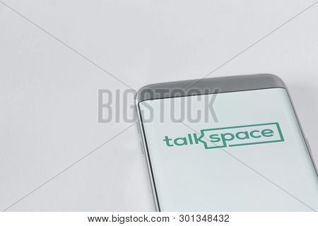 Newcastle, Australia - May 11, 2019 Image Of Talkspace App On A Smartphone On A White Background