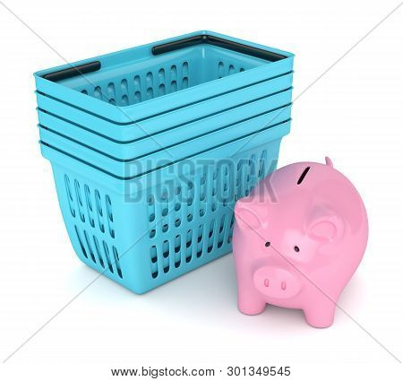 3D Render Of Piggy Bank With Shopping Baskets