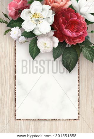Floral frame on a wooden background illustration