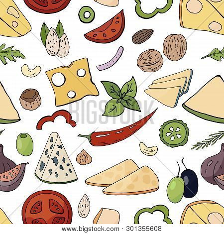 Seamless Food Pattern With Cheese And Vegetables Elements. Vector Colorful Food