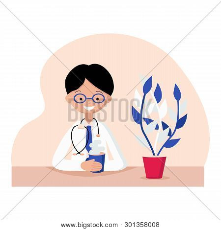 Chatacter Of Doctor Sitting On The Table In Flat Style. Asian Doctor, Asian Medicine