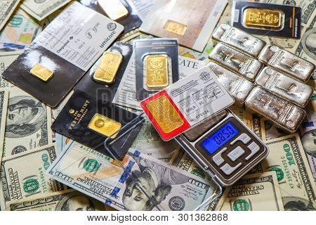 Kiev, Ukraine - April 17, 2019: Gold And Silver Bars From Different Manufacturers: Umicore, Valcambi