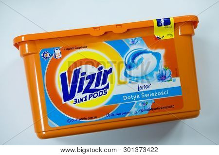 Sievierodonetsk, Ukraine - February 17, 2018: Vizir Washing Liquid Capsules On White Background