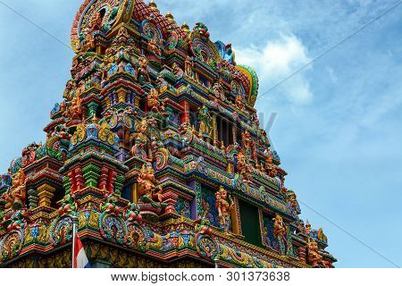 Ornate Tower And Carvings At Wat Phra Si Maha Utama Devi, An 1800s Hindu Temple In Bangkok, Thailand