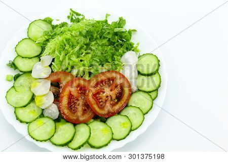 Plate With Sliced Vegetables: Cucumbers, Tomatoes, Radishes, Peking Cabbage, Dill, Green Onions, Par