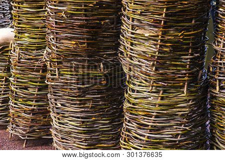 Brushwood Fence In Mess Close Up Of Red Brushwood In A Day. Top View.