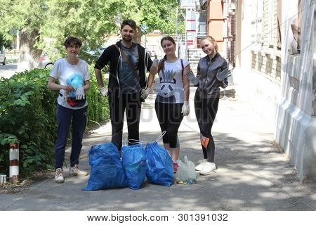 Plogging. Young People Are Happy That They Managed To Collect City Garbage. Saratov, Russia, 10 June
