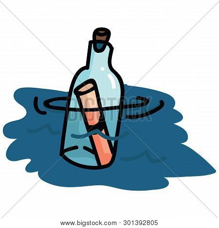 Cute Floating Message In A Bottle Cartoon Vector Illustration Motif Set. Hand Drawn Isolated Castawa