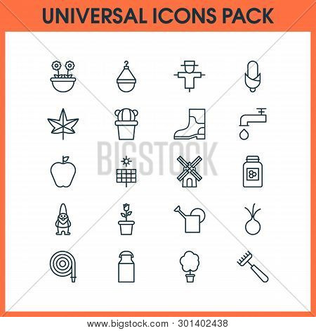 Garden Icons Set With Apple, Honey, Hose And Other Bugbear Elements. Isolated  Illustration Garden I