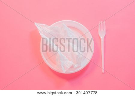 Plastic Addiction. Modern Lifestyle Ecology Problem. Arrangement Of Served Paper Tissue In Disposabl