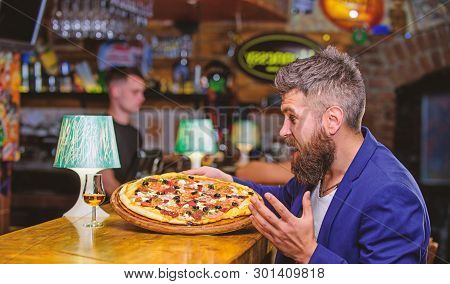 Cheat Meal Concept. Hipster Hungry Eat Italian Pizza. Pizza Favorite Restaurant Food. Fresh Hot Pizz