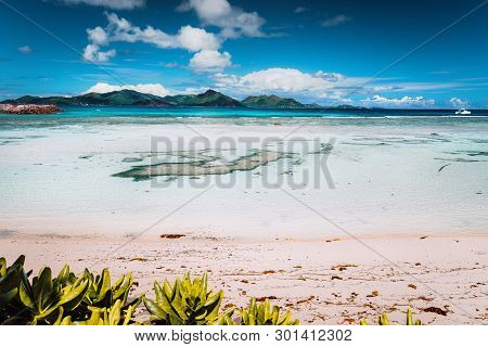 Tropical Famous Anse Source Dargent Beach On Sunny Day On Island La Digue In Seychelles. Praslin Isl