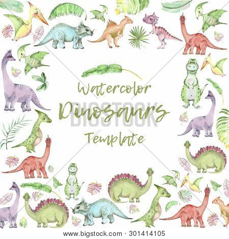 Square Banner From Cartoon Watercolor Dinosaurs. Cute Hand Drawn Funny Illustration Of Dinosaurs Qua
